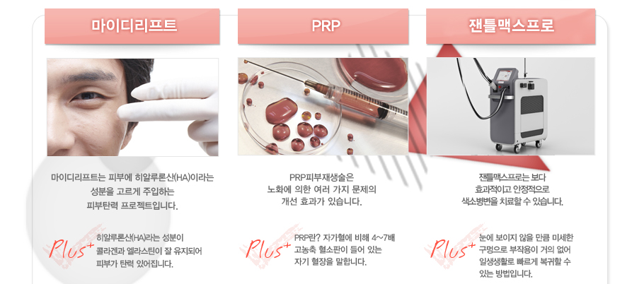 [���̵���Ʈ]���̵���Ʈ�� �Ǻο� ���˷�л�(HA)�̶�� ������ ������ �����ϴ� �Ǻ�ź�� ������Ʈ�Դϴ�.Plus:���˷�л�(HA)��� ������ �ݶ�հ� ����ƾ�� �� �����Ǿ� �Ǻΰ� ź�� �־����ϴ�.
[PRP]PRP�Ǻ�������� ��ȭ�� ���� ���� ���� ������ ���� ȿ���� �ֽ��ϴ�.Plus:PRP��? �ڰ����� ���� 4~7�� ������ �������� ��� �ִ� �ڱ� ������ ���մϴ�.
[���̴�ź�·�����]���޽� ����߱� ������(1064nm)�� ���޽� KTP(532nm)�� ���յ� ��������,����, ���Һ���, �ָ����� ȿ������ �Ǻ�����������Դϴ�.Plus:���˷�л�(HA)��� ������ �ݶ�հ� ����ƾ�� �� �����Ǿ� �Ǻΰ� ź�� �־����ϴ�. 