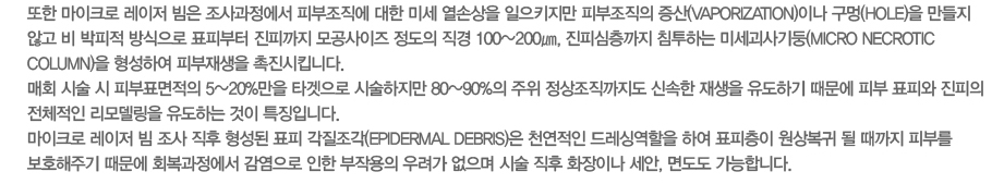 ���� ����ũ�� ������ ���� ����������� �Ǻ������� ���� �̼� ���ջ��� ����Ű���� �Ǻ������� ����(Vaporization)�̳� ����(Hole)�� ������ �ʰ� �� ������ ������� ǥ�Ǻ��� ���Ǳ��� ��������� ������ ���� 100~200��, ���ǽ������� ħ���ϴ� �̼�������(Micro Necrotic Column)�� �����Ͽ� �Ǻ������ ������ŵ�ϴ�. ��ȸ �ü� �� �Ǻ�ǥ������ 5~20%���� Ÿ������ �ü������� 80~90%�� ���� �������������� �ż��� ����� �����ϱ� ������ �Ǻ� ǥ�ǿ� ������ ��ü���� ���𵨸��� �����ϴ� ���� Ư¡�Դϴ�.����ũ�� ������ �� ���� ���� ������ ǥ�� ���������� õ������ �巹�̿����� �Ͽ� ǥ������ ���󺹱� �� ������ �Ǻθ� ��ȣ���ֱ� ������ ȸ���������� �������� ���� ���ۿ��� ����� ������ �ü� ���� ȭ���̳� ����, �鵵�� �����մϴ�.